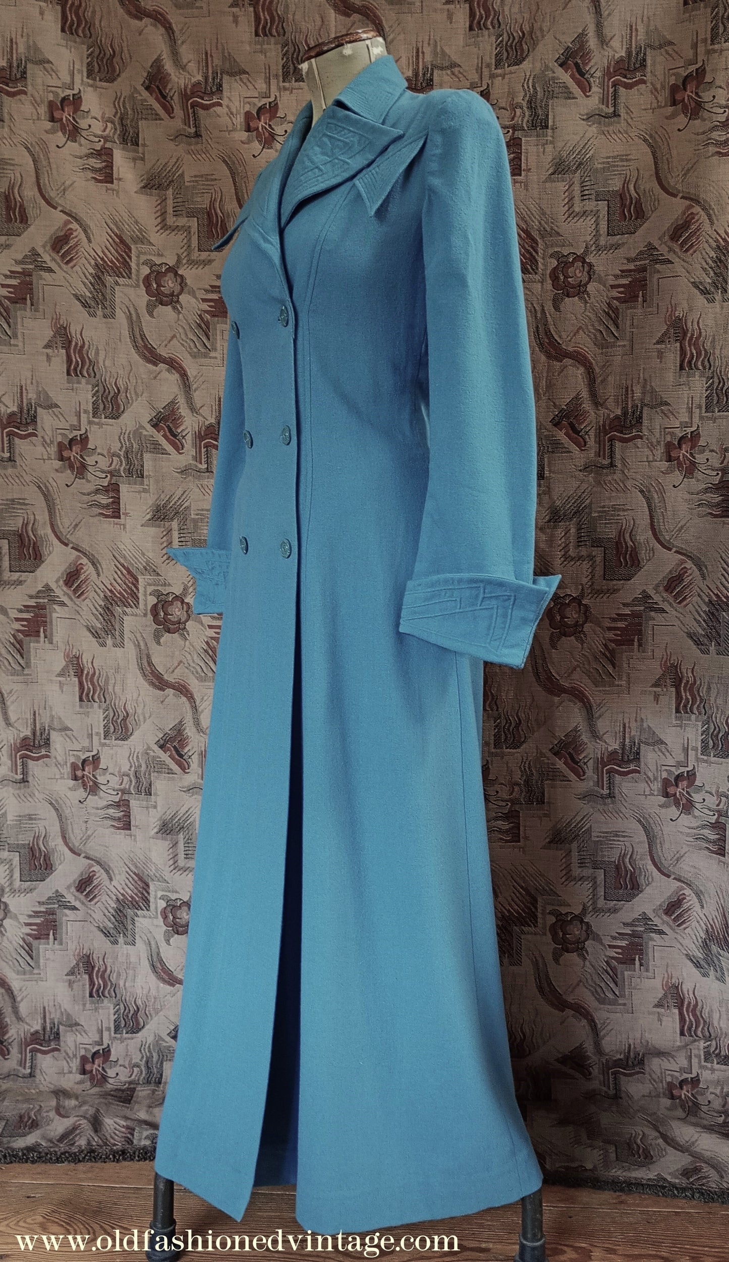 Vintage Unworn 1930s Housecoat Dressing Gown Blue Wool Robe Deco Trapunto UK S