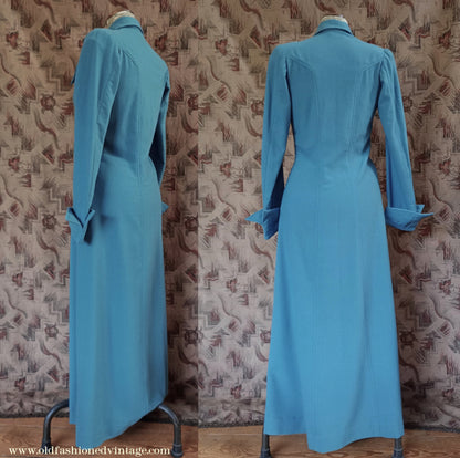 Vintage Unworn 1930s Housecoat Dressing Gown Blue Wool Robe Deco Trapunto UK S