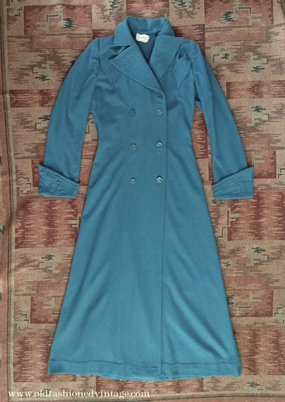 Vintage Unworn 1930s Housecoat Dressing Gown Blue Wool Robe Deco Trapunto UK S