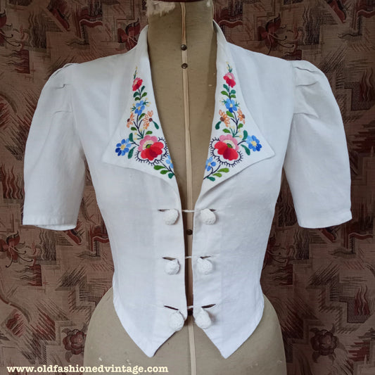 Vintage 1930s Hand Embroidered Peasant Blouse Jacket UK S