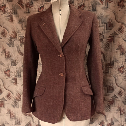 Vintage 1940s Tweed Wool Hacking Jacket Brown Orange Window Pane Checked Riding Coat UK S