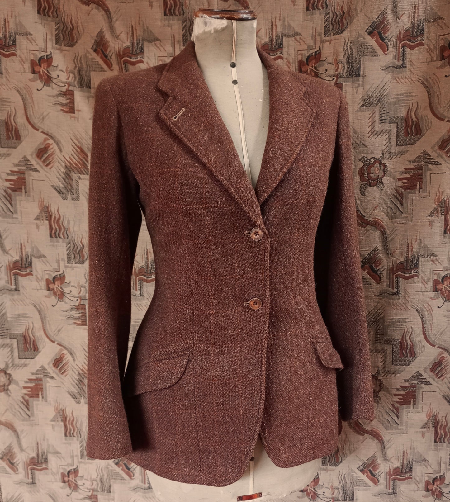 Vintage 1940s Tweed Wool Hacking Jacket Brown Orange Window Pane Checked Riding Coat UK S