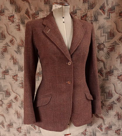 Vintage 1940s Tweed Wool Hacking Jacket Brown Orange Window Pane Checked Riding Coat UK S