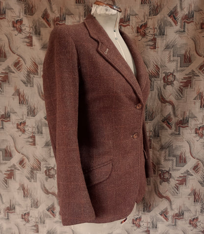 Vintage 1940s Tweed Wool Hacking Jacket Brown Orange Window Pane Checked Riding Coat UK S