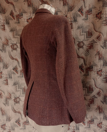 Vintage 1940s Tweed Wool Hacking Jacket Brown Orange Window Pane Checked Riding Coat UK S