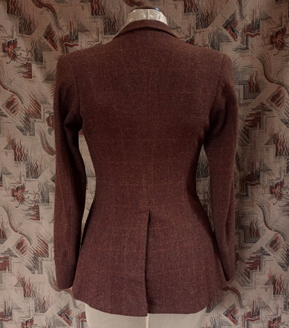 Vintage 1940s Tweed Wool Hacking Jacket Brown Orange Window Pane Checked Riding Coat UK S