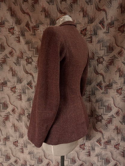 Vintage 1940s Tweed Wool Hacking Jacket Brown Orange Window Pane Checked Riding Coat UK S