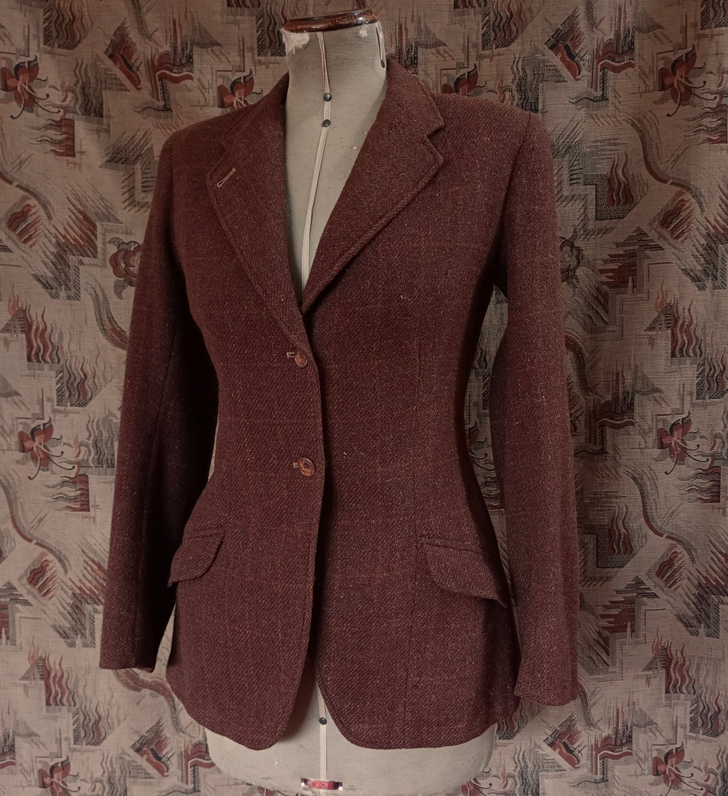 Vintage 1940s Tweed Wool Hacking Jacket Brown Orange Window Pane Checked Riding Coat UK S