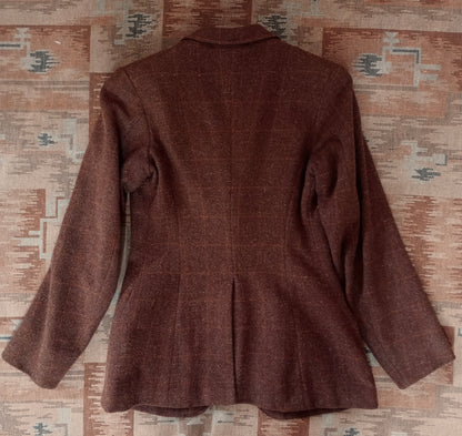 Vintage 1940s Tweed Wool Hacking Jacket Brown Orange Window Pane Checked Riding Coat UK S