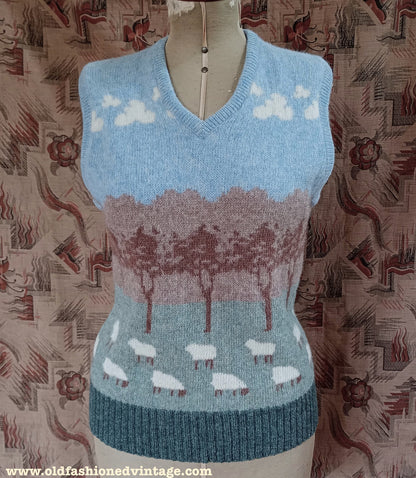 Vintage Mens Knitted Fair Isle Slipover Sweater Vest Novelty Sheep Picture Knit