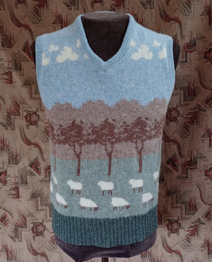 Vintage Mens Knitted Fair Isle Slipover Sweater Vest Novelty Sheep Picture Knit