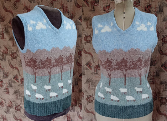 Vintage Mens Knitted Fair Isle Slipover Sweater Vest Novelty Sheep Picture Knit