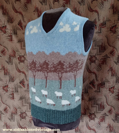 Vintage Mens Knitted Fair Isle Slipover Sweater Vest Novelty Sheep Picture Knit