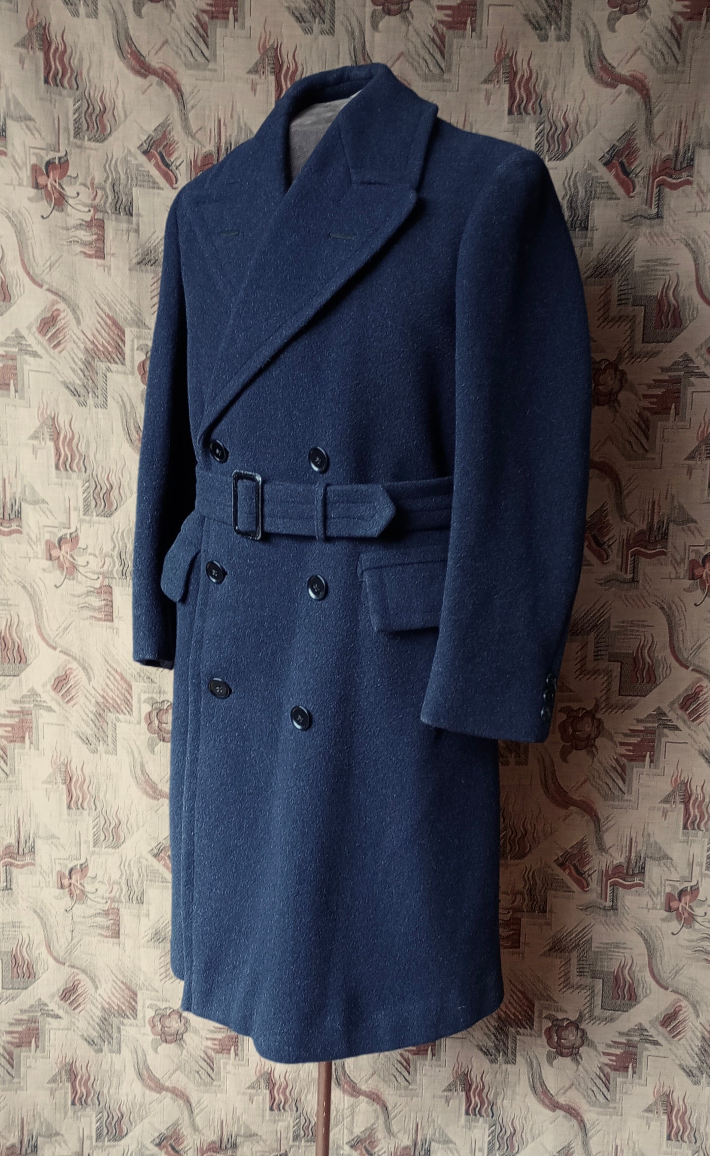 Vintage 1940s CC41 Double Breasted Overcoat Coat Dark Blue Wool DB Belted UK S