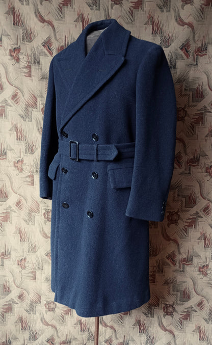 Vintage 1940s CC41 Double Breasted Overcoat Coat Dark Blue Wool DB Belted UK S