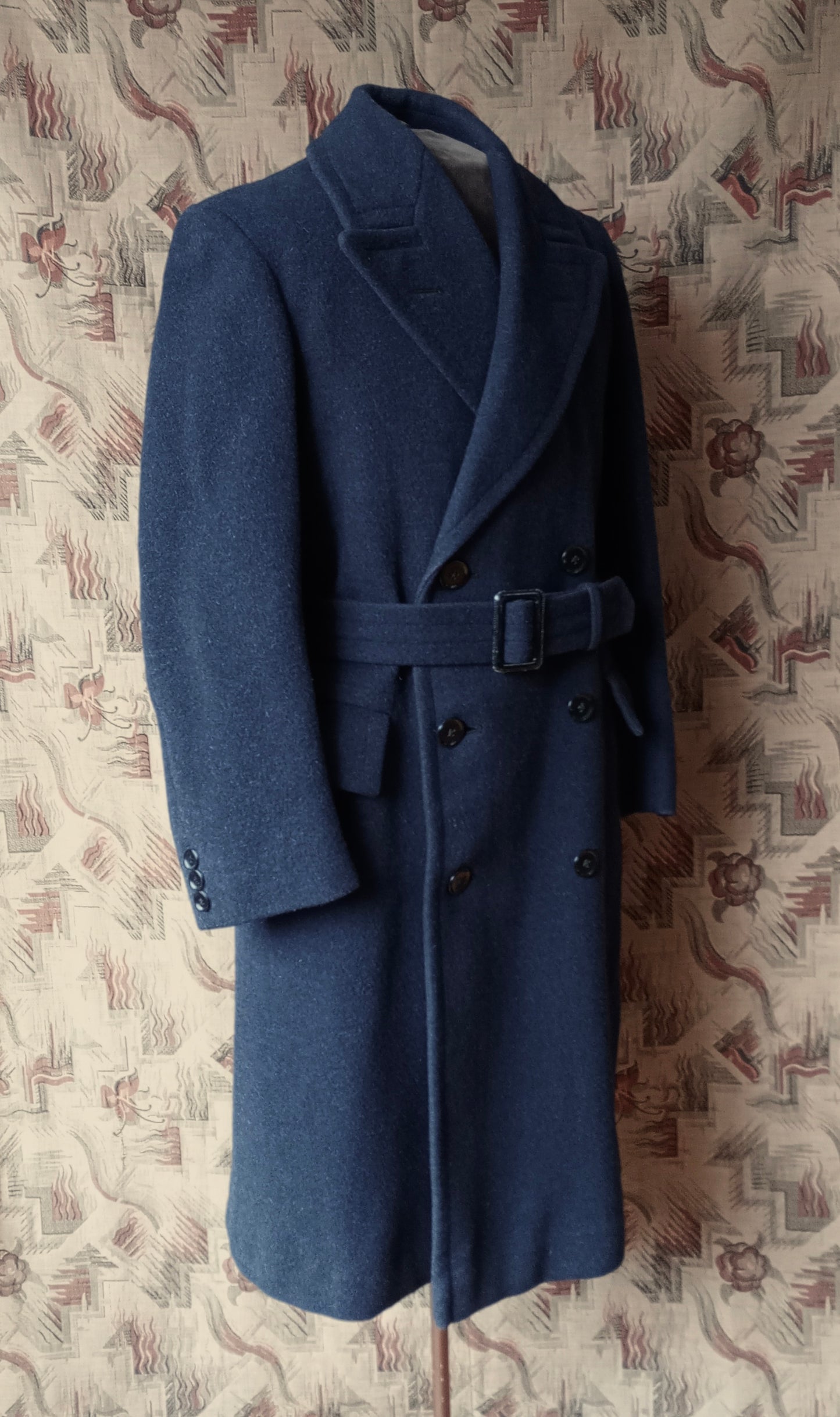 Vintage 1940s CC41 Double Breasted Overcoat Coat Dark Blue Wool DB Belted UK S