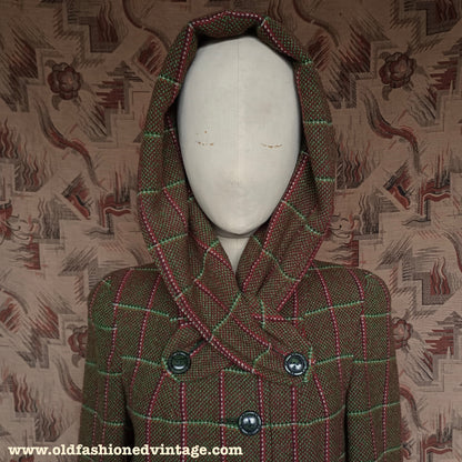 RARE 1940s Hooded Swagger Coat Checked Green Red Tweed Overcoat UK S