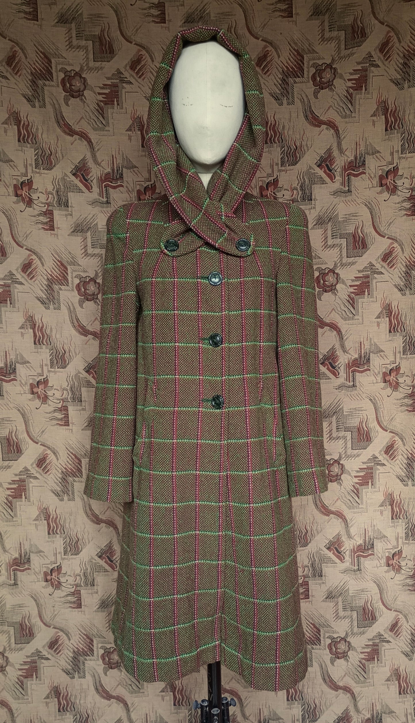 RARE 1940s Hooded Swagger Coat Checked Green Red Tweed Overcoat UK S