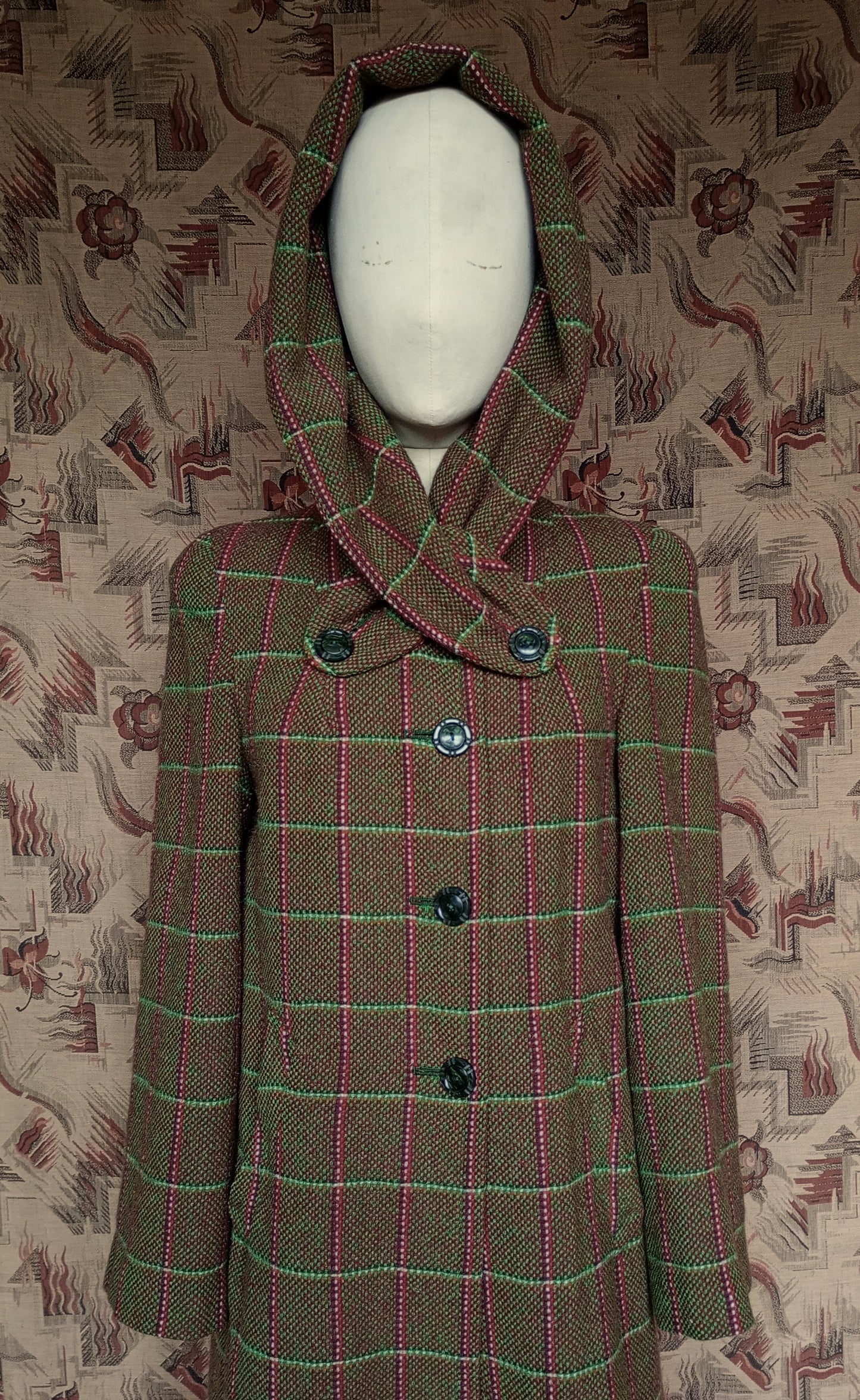 RARE 1940s Hooded Swagger Coat Checked Green Red Tweed Overcoat UK S