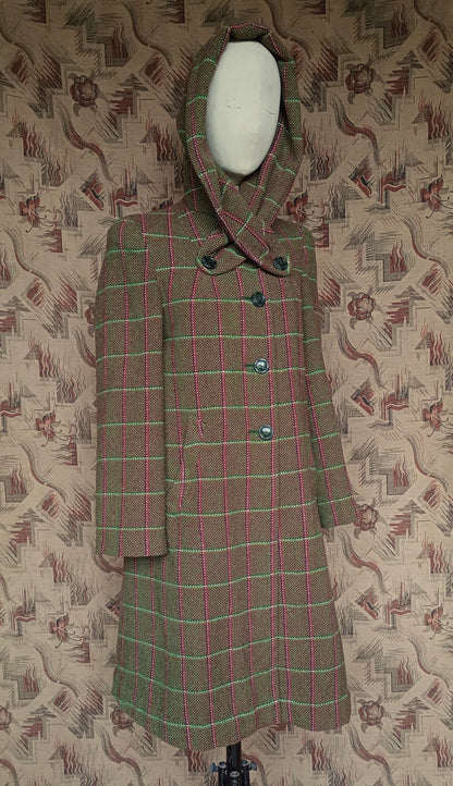 RARE 1940s Hooded Swagger Coat Checked Green Red Tweed Overcoat UK S