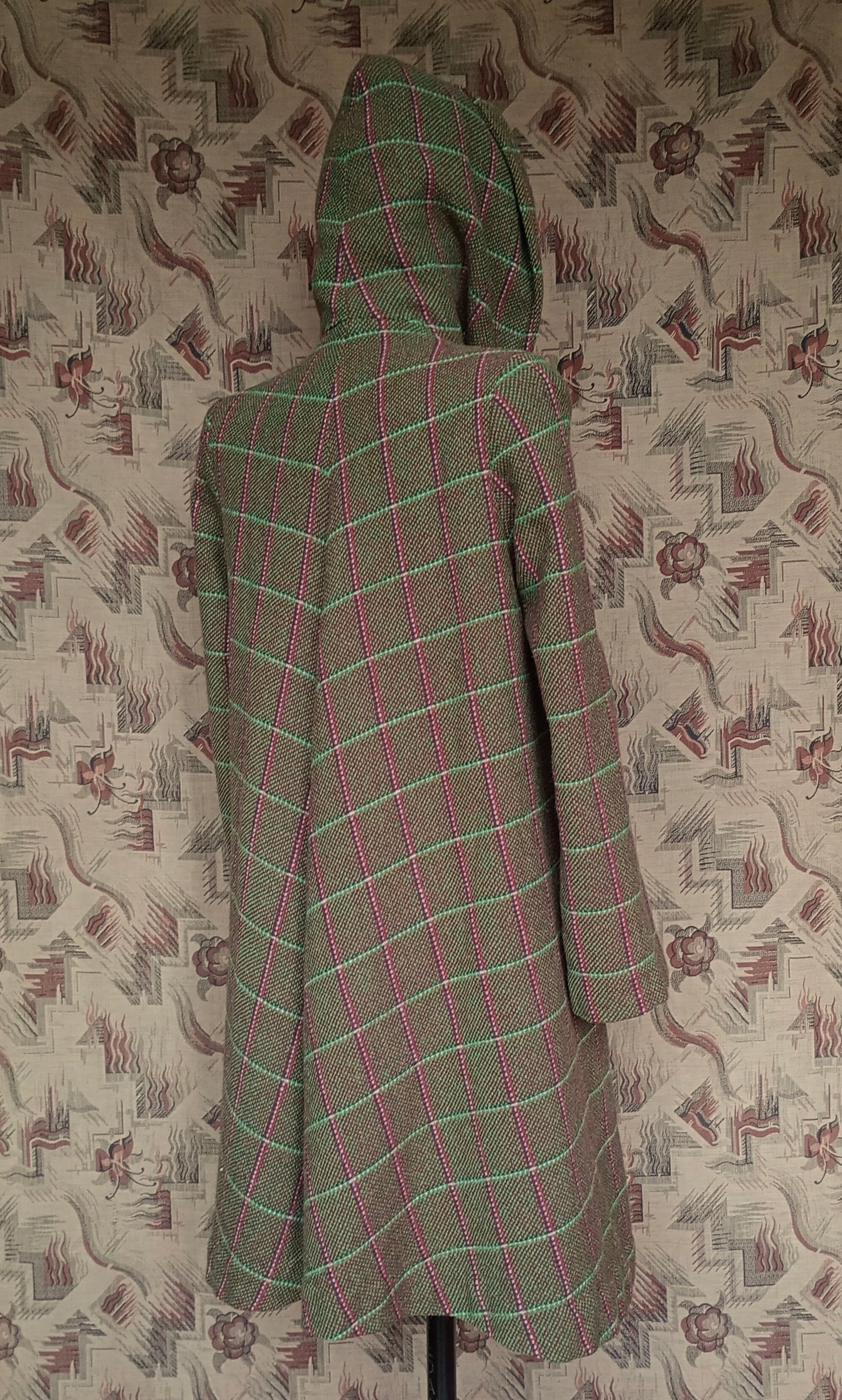 RARE 1940s Hooded Swagger Coat Checked Green Red Tweed Overcoat UK S