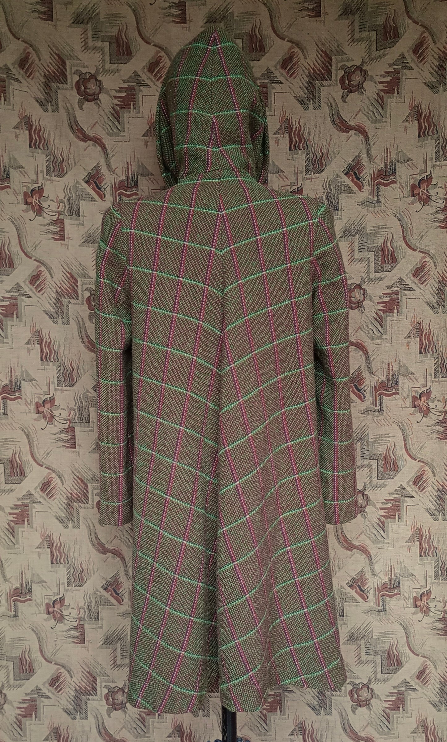 RARE 1940s Hooded Swagger Coat Checked Green Red Tweed Overcoat UK S