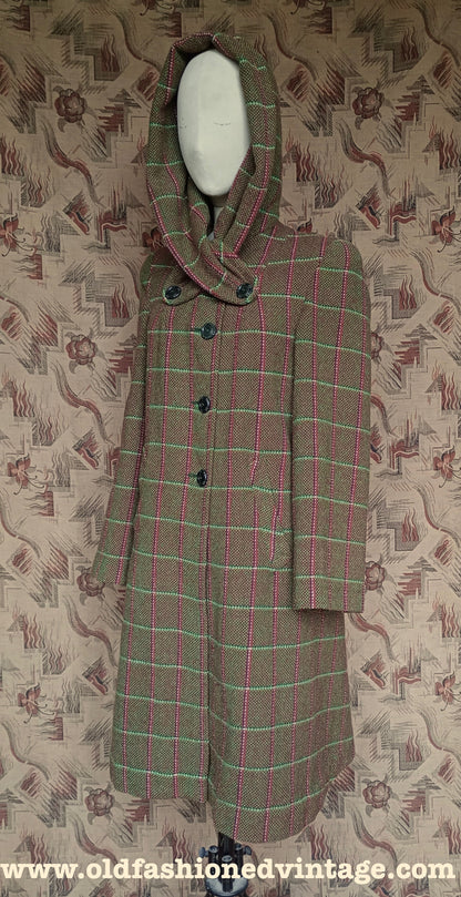 RARE 1940s Hooded Swagger Coat Checked Green Red Tweed Overcoat UK S