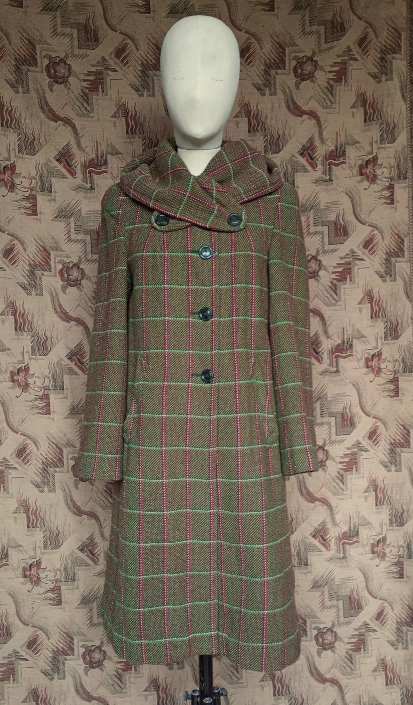 RARE 1940s Hooded Swagger Coat Checked Green Red Tweed Overcoat UK S