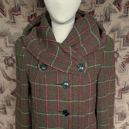 RARE 1940s Hooded Swagger Coat Checked Green Red Tweed Overcoat UK S