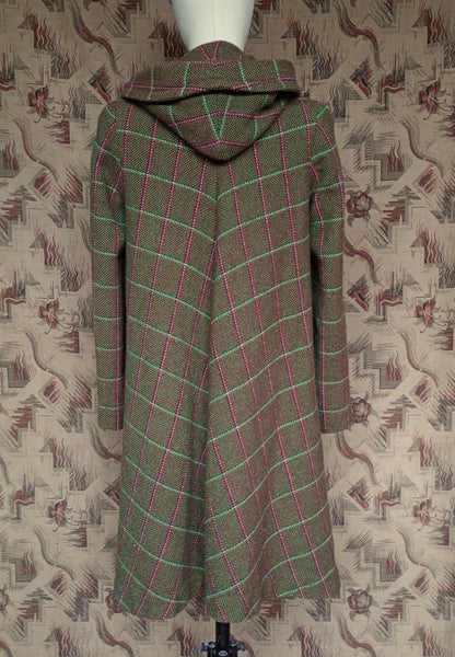 RARE 1940s Hooded Swagger Coat Checked Green Red Tweed Overcoat UK S