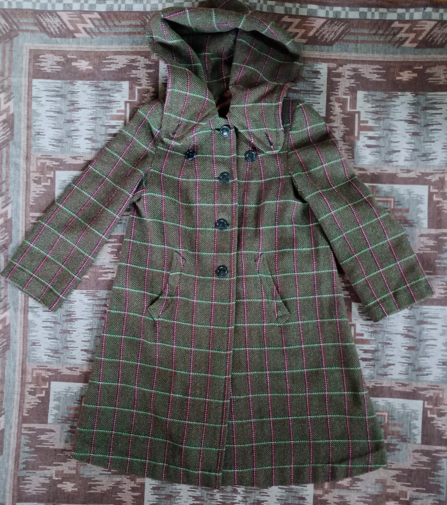 RARE 1940s Hooded Swagger Coat Checked Green Red Tweed Overcoat UK S