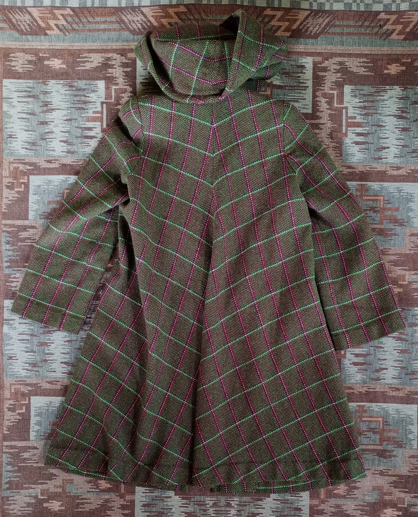 RARE 1940s Hooded Swagger Coat Checked Green Red Tweed Overcoat UK S