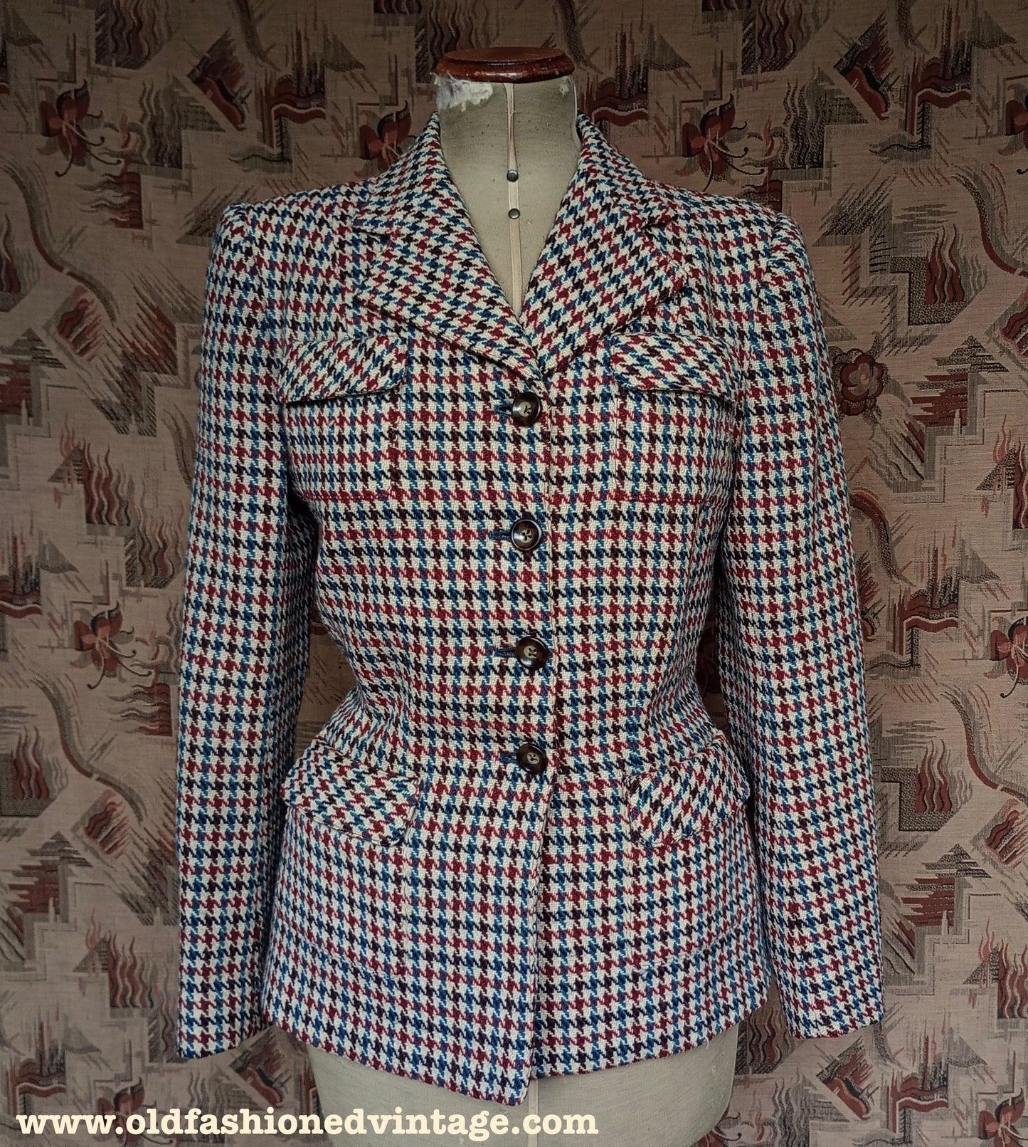 Vintage 1940s Tweed Jacket Dogtooth Shepherd Patch Pockets Check UK M