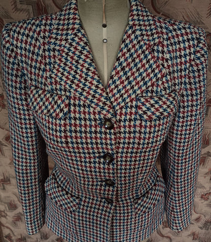 Vintage 1940s Tweed Jacket Dogtooth Shepherd Patch Pockets Check UK M