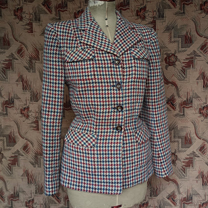 Vintage 1940s Tweed Jacket Dogtooth Shepherd Patch Pockets Check UK M