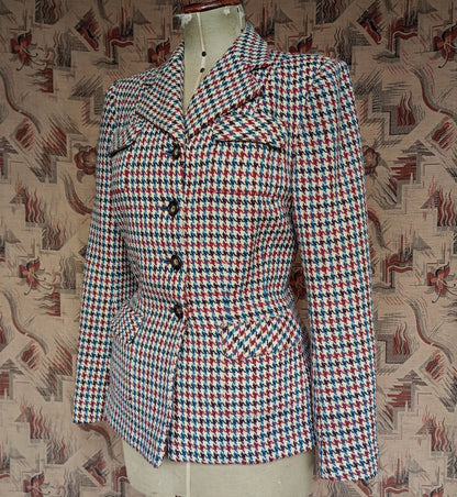 Vintage 1940s Tweed Jacket Dogtooth Shepherd Patch Pockets Check UK M