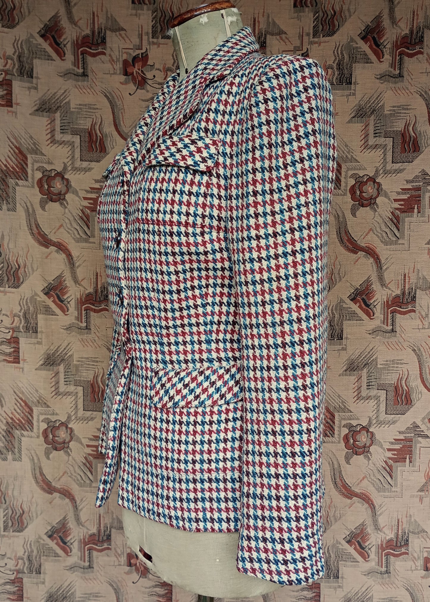 Vintage 1940s Tweed Jacket Dogtooth Shepherd Patch Pockets Check UK M