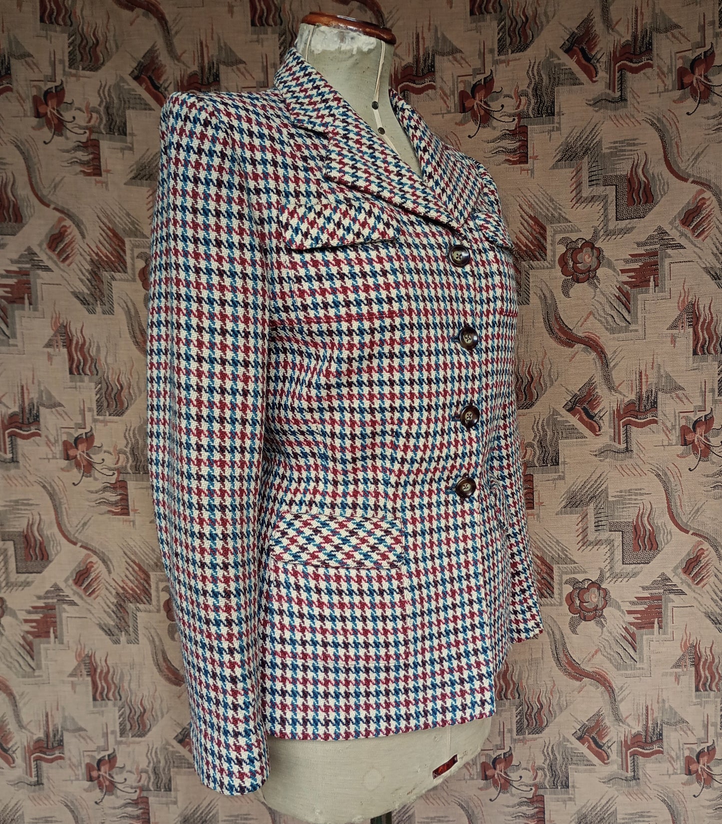 Vintage 1940s Tweed Jacket Dogtooth Shepherd Patch Pockets Check UK M