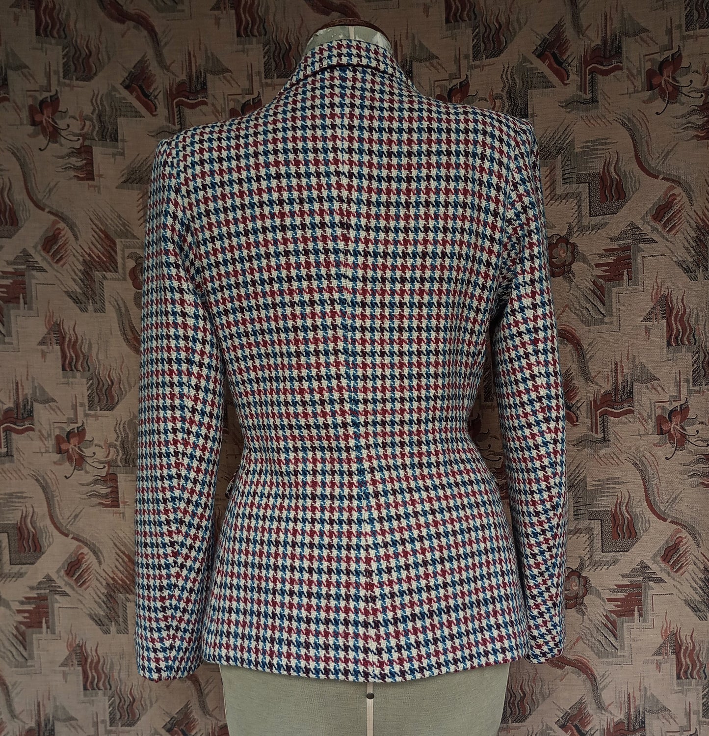 Vintage 1940s Tweed Jacket Dogtooth Shepherd Patch Pockets Check UK M