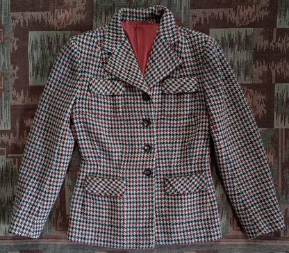 Vintage 1940s Tweed Jacket Dogtooth Shepherd Patch Pockets Check UK M