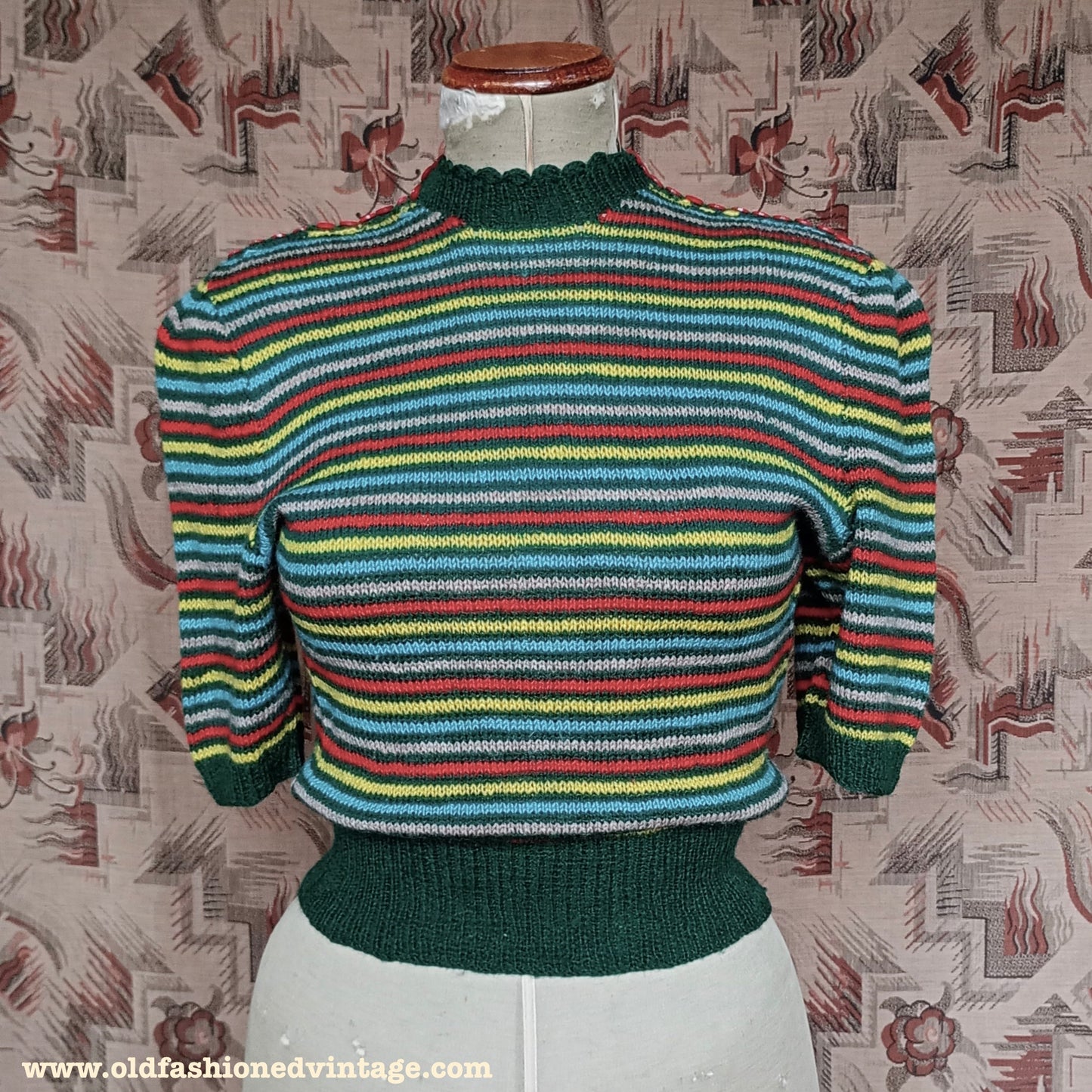 Vintage 1940s Hand Knitted Jumper Striped Short Sleeve Button Neck UK S/M