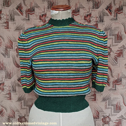 Vintage 1940s Hand Knitted Jumper Striped Short Sleeve Button Neck UK S/M