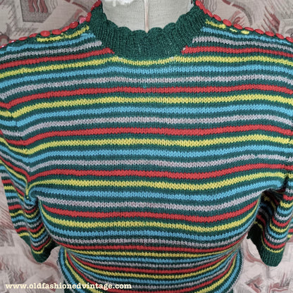 Vintage 1940s Hand Knitted Jumper Striped Short Sleeve Button Neck UK S/M