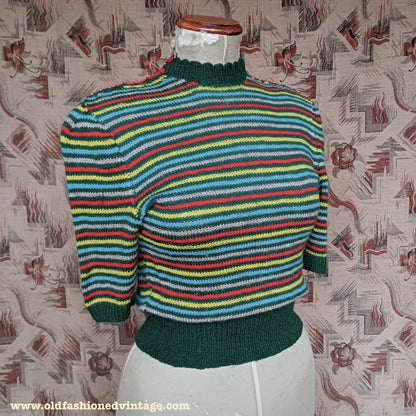 Vintage 1940s Hand Knitted Jumper Striped Short Sleeve Button Neck UK S/M