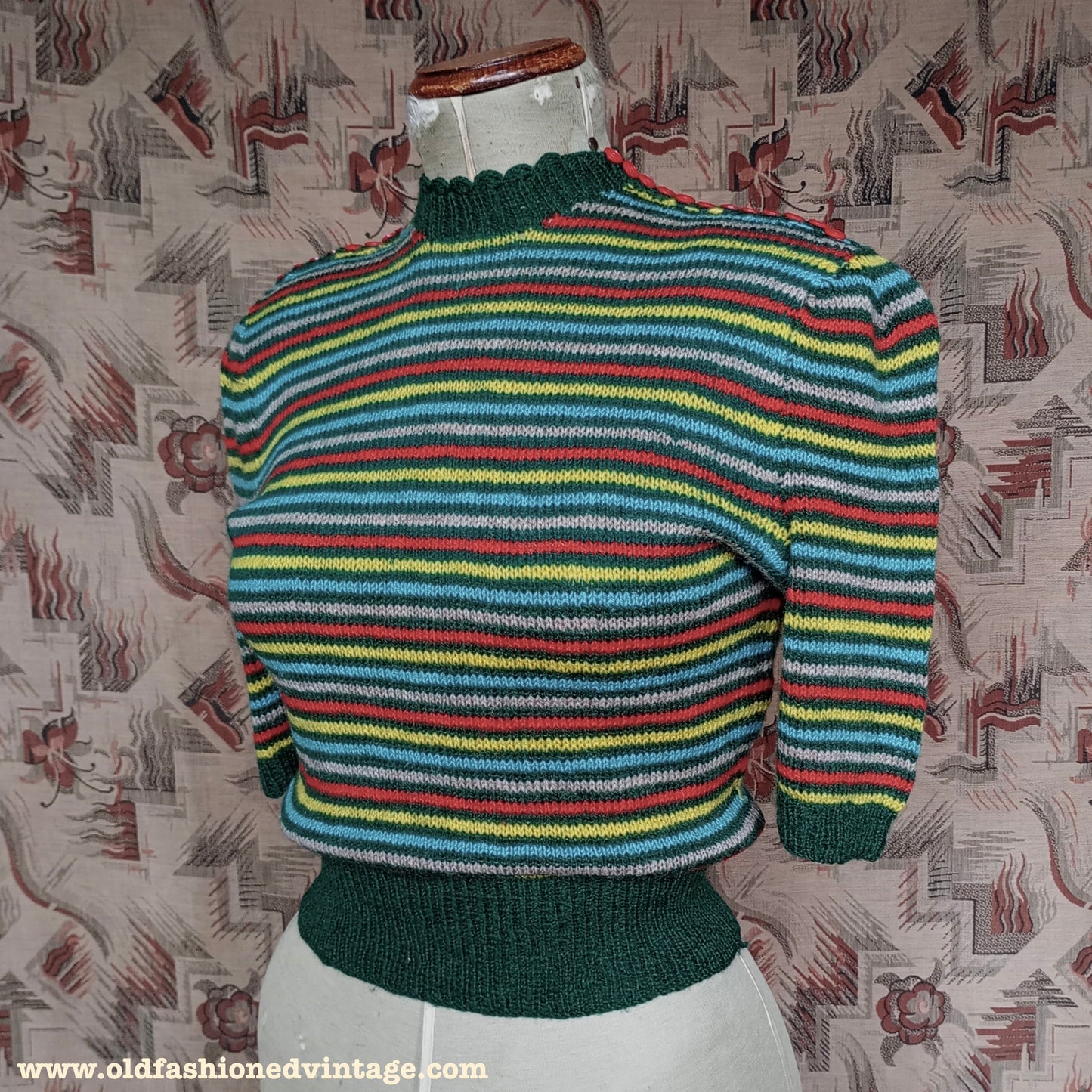 Vintage 1940s Hand Knitted Jumper Striped Short Sleeve Button Neck UK S/M