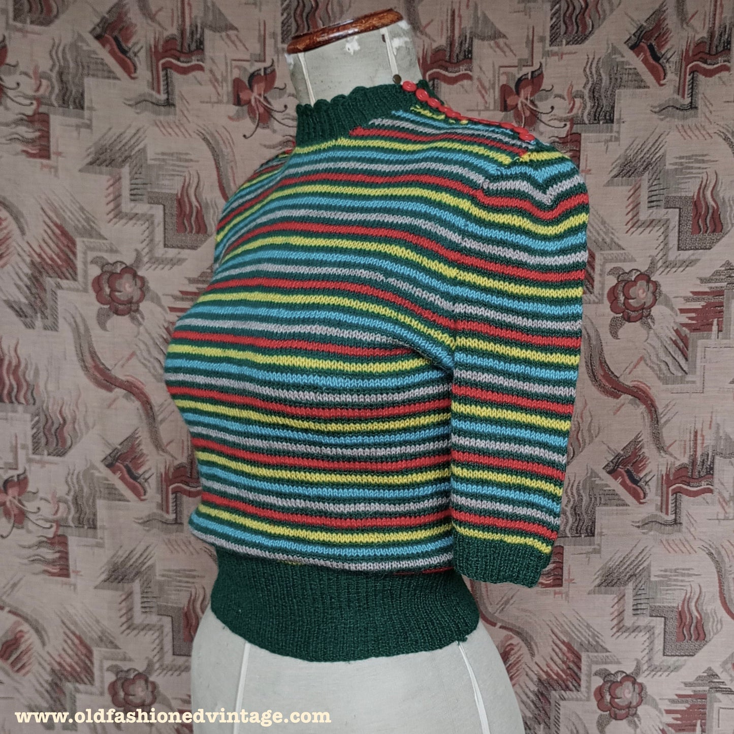 Vintage 1940s Hand Knitted Jumper Striped Short Sleeve Button Neck UK S/M