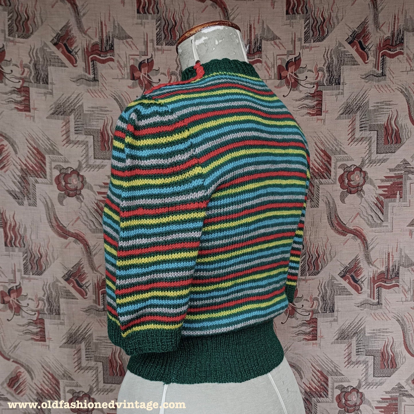 Vintage 1940s Hand Knitted Jumper Striped Short Sleeve Button Neck UK S/M