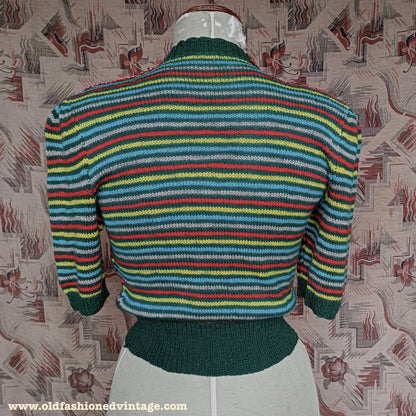 Vintage 1940s Hand Knitted Jumper Striped Short Sleeve Button Neck UK S/M