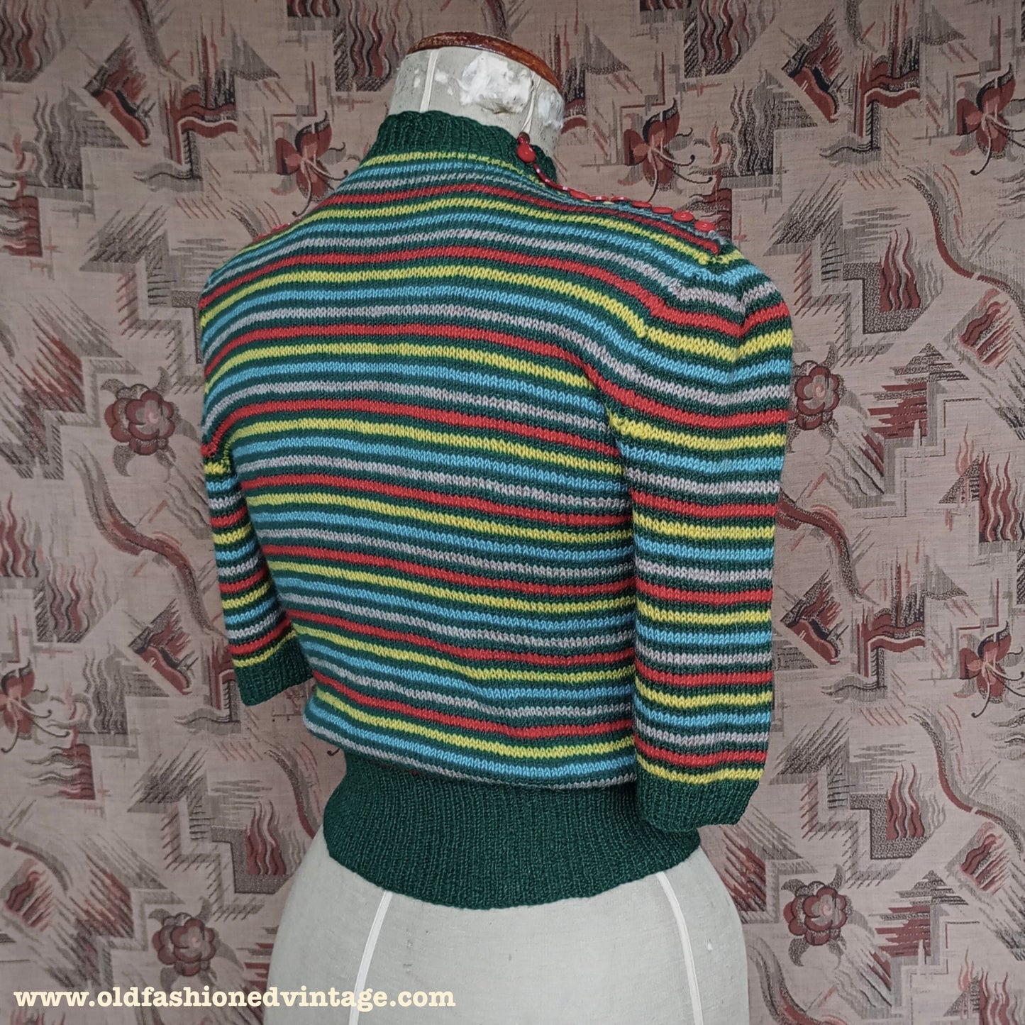 Vintage 1940s Hand Knitted Jumper Striped Short Sleeve Button Neck UK S/M