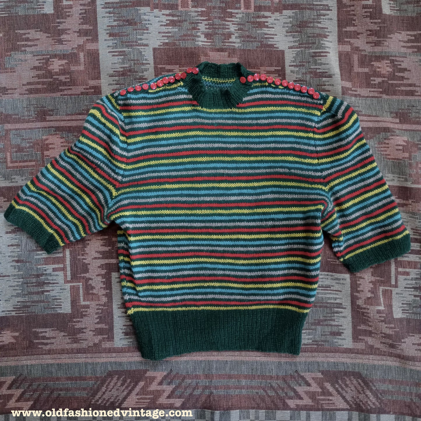 Vintage 1940s Hand Knitted Jumper Striped Short Sleeve Button Neck UK S/M